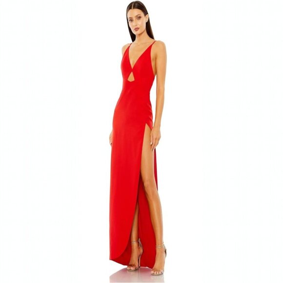 Mac Duggal Red Thin Strap Cutout High Slit V-Neck Gown Size 8 NWT Size 8 - Picture 2 of 5